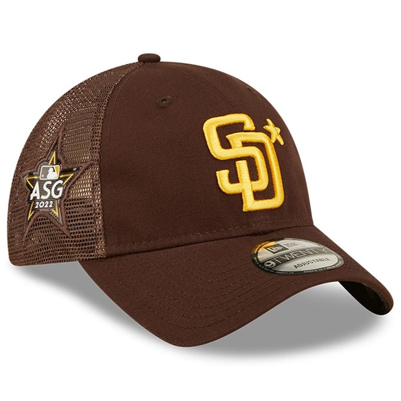 San Diego Padres New Era MLB 9TWENTY 920 Mesh Trucker Adjustable Cap Hat Brown Crown/Visor Team Color Logo with Star 2022 All-Star Game Side Patch