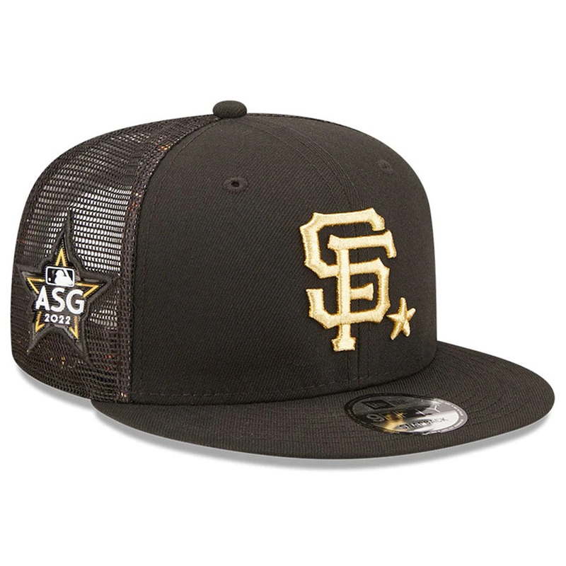 San Francisco Giants New Era 9FIFTY 950 Mesh Trucker Snapback Cap Hat Black Crown/Visor Metallic Gold Logo with Star 2022 All-Star Game Side Patch