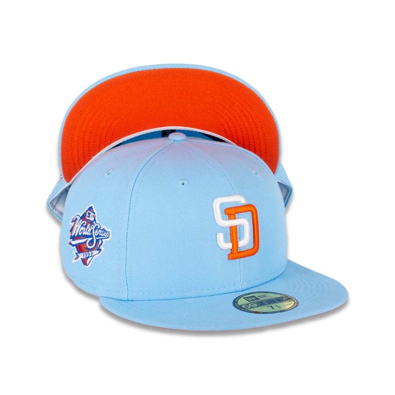 (San Diego Clippers’ Colors) San Diego Padres New Era MLB 59FIFTY 5950 Fitted Cap Hat Blue Crown/Visor White/Orange Logo 1998 World Series Side Patch