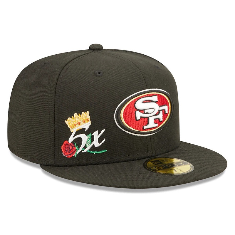 San Francisco 49ers New Era NFL 59FIFTY 5950 Fitted Cap Hat Black Crown/Visor Team Color Logo 5x Crown Rose (Crown Champs)