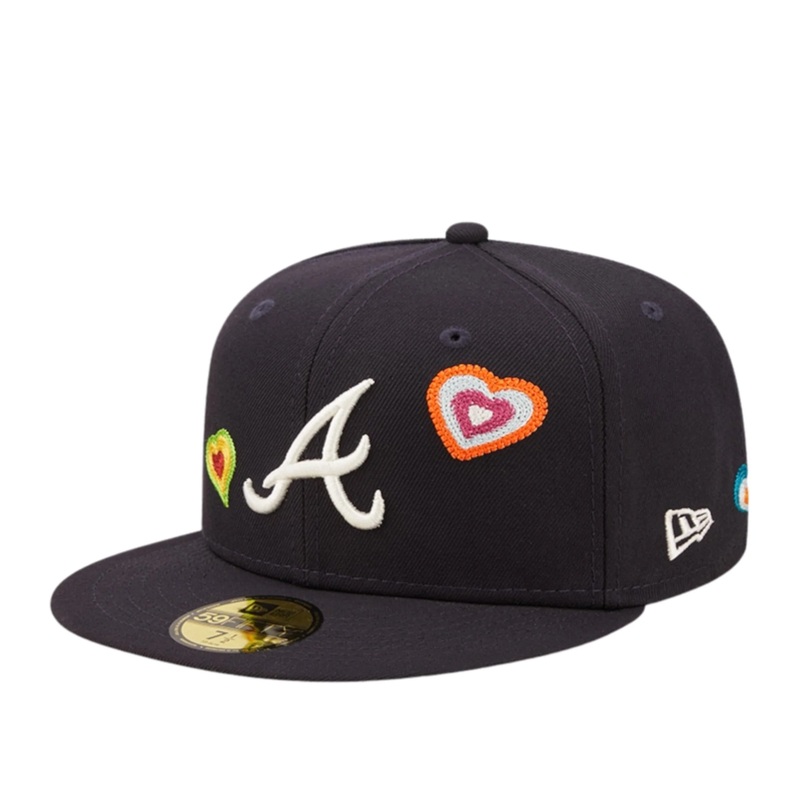Atlanta Braves New Era MLB 59FIFTY 5950 Fitted Cap Hat Navy Crown/Visor Team Color Logo (Chain Stitch Heart)