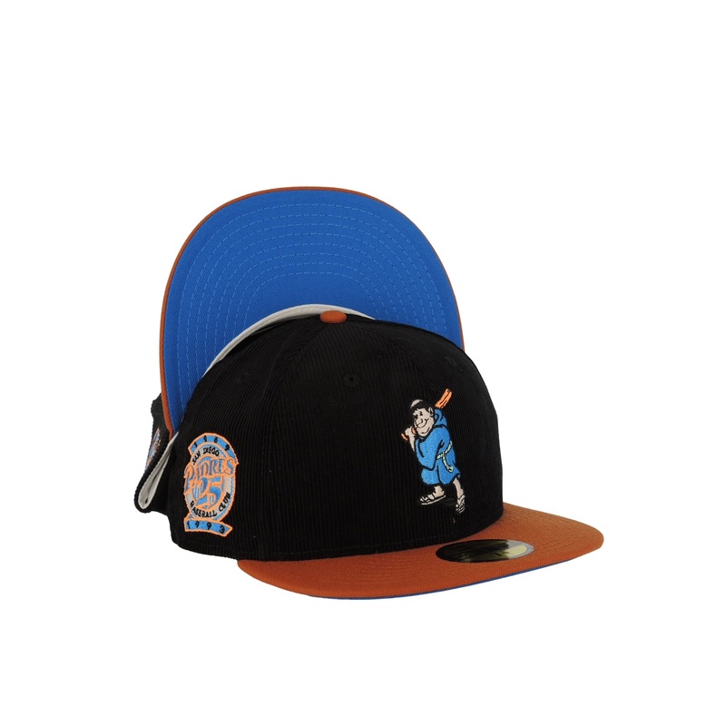 (Corduroy Crown) San Diego Padres New Era MLB 59FIFTY 5950 Fitted Cap Hat Black Crown Orange Visor Batting Friar Logo 25th Anniversary Side Patch Blue