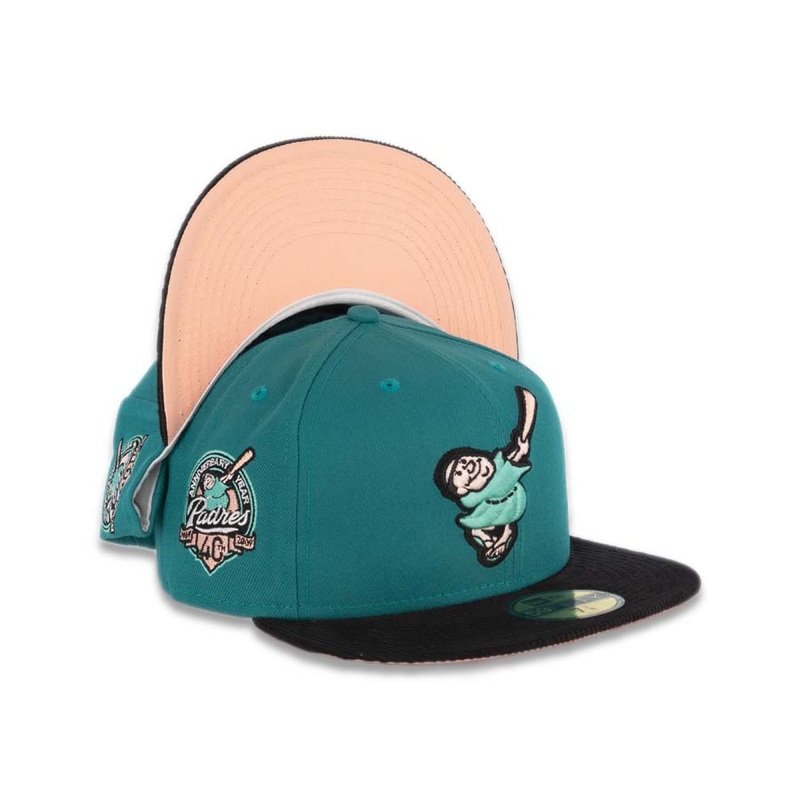 (Corduroy Visor) San Diego Padres New Era MLB 59FIFTY 5950 Fitted Cap Hat Aqua Crown Black Visor Swinging Friar Logo 40th Anniversary Side Patch Peach