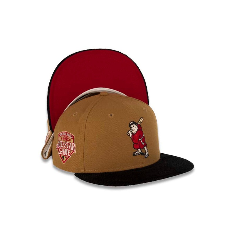 (Corduroy Visor) San Diego Padres New Era MLB 59FIFTY 5950 Fitted Cap Hat Bronze Crown Black Visor Batting Friar Logo 1992 All-Star Game Side Patch