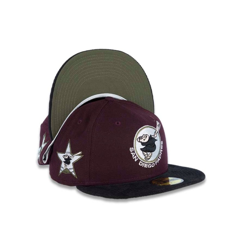 (Corduroy Visor) San Diego Padres New Era MLB 59FIFTY 5950 Fitted Cap Hat Maroon Crown Black Visor Swinging Friar Logo 1978 All-Star Game Side Patch