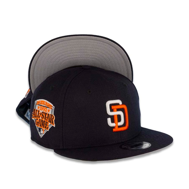 San Diego Padres New Era MLB 9FIFTY 950 Snapback Cap Hat Dark Navy Crown/Visor White/Orange Logo 1992 All-Star Game Side Patch Gray UV