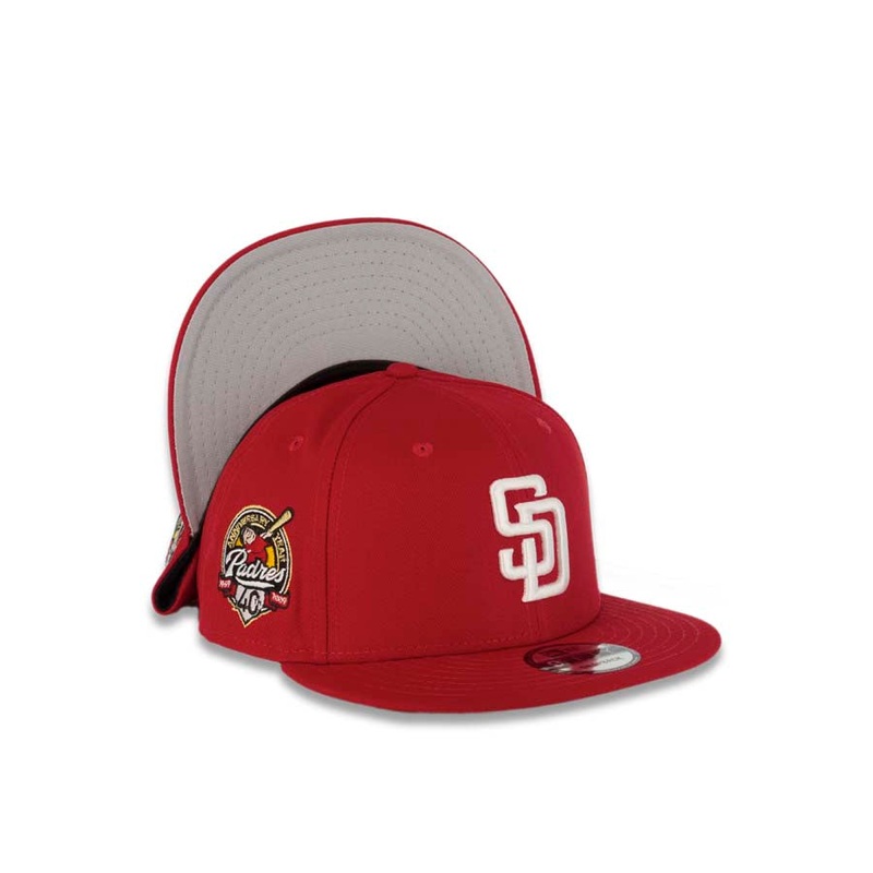 San Diego Padres New Era MLB 9FIFTY 950 Snapback Cap Hat Red Crown/Visor White Logo 40th Anniversary Side Patch Gray UV