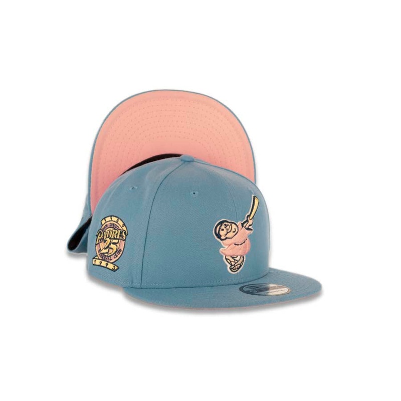 San Diego Padres New Era MLB 9FIFTY 950 Snapback Cap Hat Sky Blue Crown/Visor Pink/Yellow Logo 25th Anniversary Side Patch Pink UV