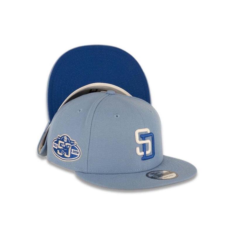 San Diego Padres New Era MLB 9FIFTY 950 Snapback Cap Hat Sky Blue Crown/Visor White/Dark Blue Logo 50th Anniversary Side Patch Dark Blue UV