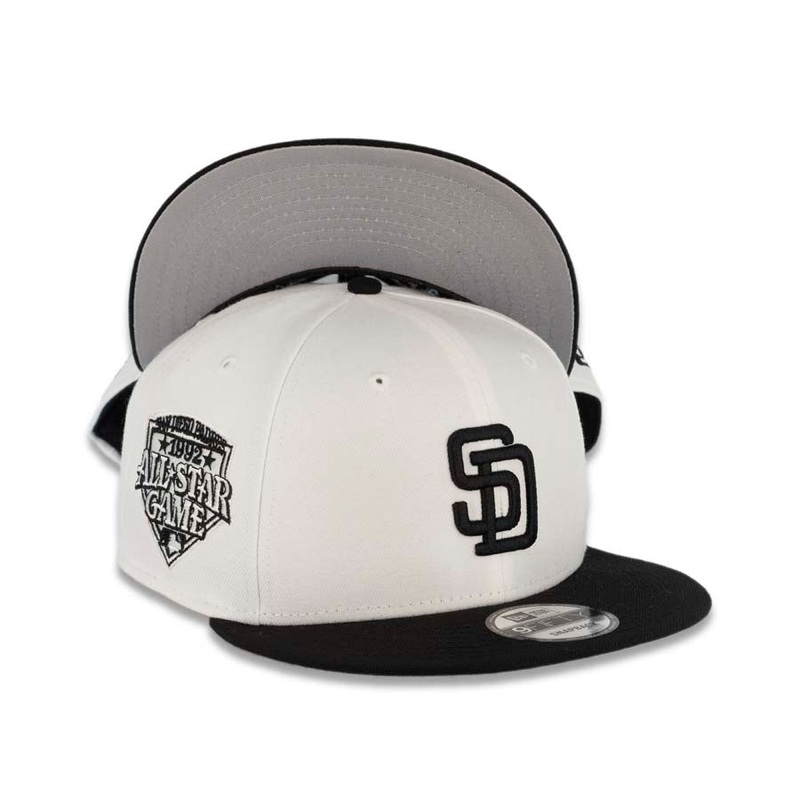 San Diego Padres New Era MLB 9FIFTY 950 Snapback Cap Hat White Crown Black Visor Black Logo 1992 All-Star Game Side Patch Gray UV