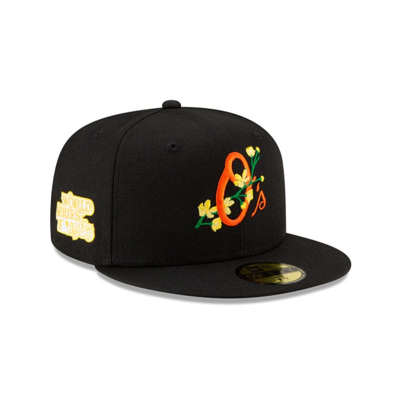 Baltimore Orioles New Era MLB 59FIFTY 5950 Fitted Cap Hat Black Crown/Visor Team Color Logo (Side Patch Bloom)