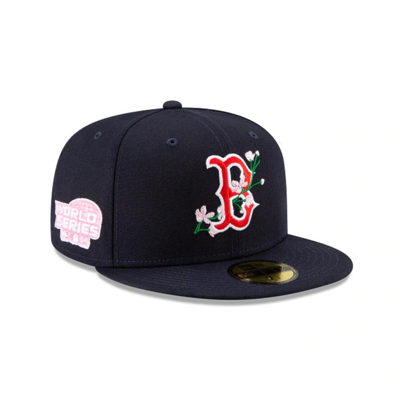 Boston Red Sox New Era MLB 59FIFTY 5950 Fitted Cap Hat Navy Crown/Visor Team Color Logo (Side Patch Bloom)