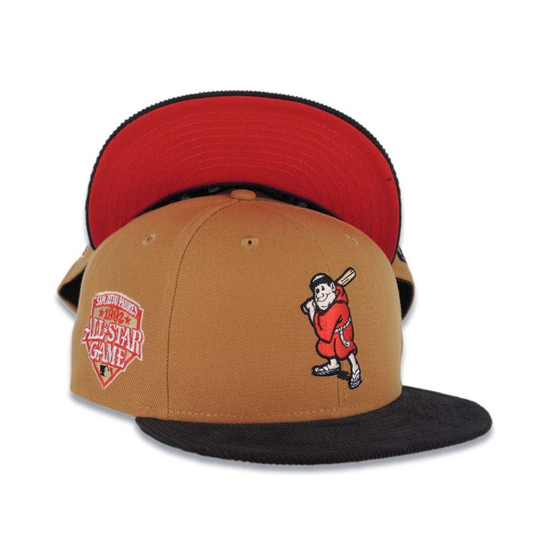 (Corduroy Visor) San Diego Padres New Era MLB 9FIFTY 950 Snapback Cap Hat Brown Crown Black Visor Batting Friar Logo 1992 All-Star Game Side Patch