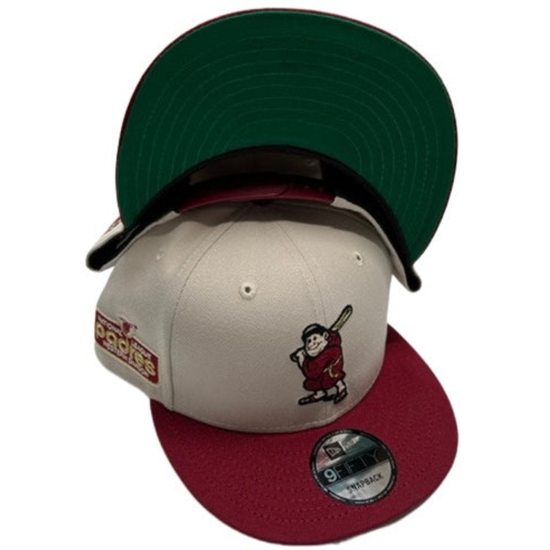 San Diego Padres New Era MLB 9FIFTY 950 Snapback Cap Hat Stone Cream Crown Cardinal Visor Cardinal/Metallic Gold Batting Friar Logo NL Western Division Side Patch Green UV
