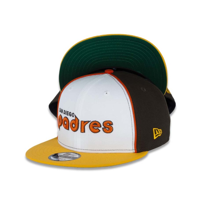 San Diego Padres New Era MLB 9FIFTY 950 Snapback Cap Hat White/Brown Crown Yellow Visor Brown/Orange “San Diego Padres”Logo Green UV