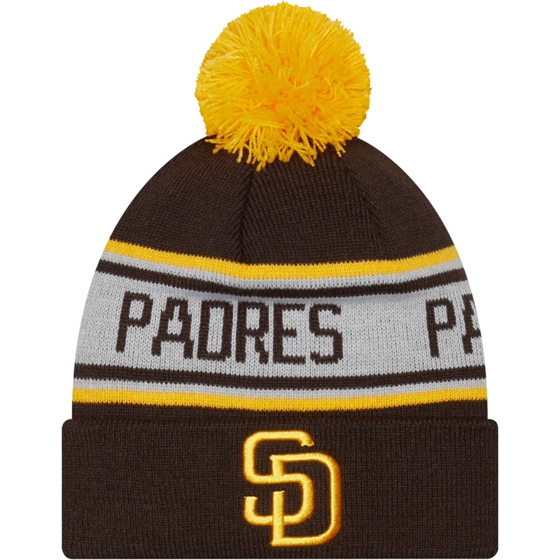 (Youth) San Diego Padres New Era MLB Cuffed Pom Knit Hat Brown/White Crown Yellow Team Color Logo (Repeat)