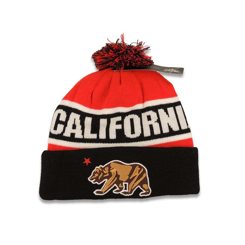 California Republic Pom Cuffed Beanie/Knit Red/Black/White Crown/Visor California Bear with Star Logo