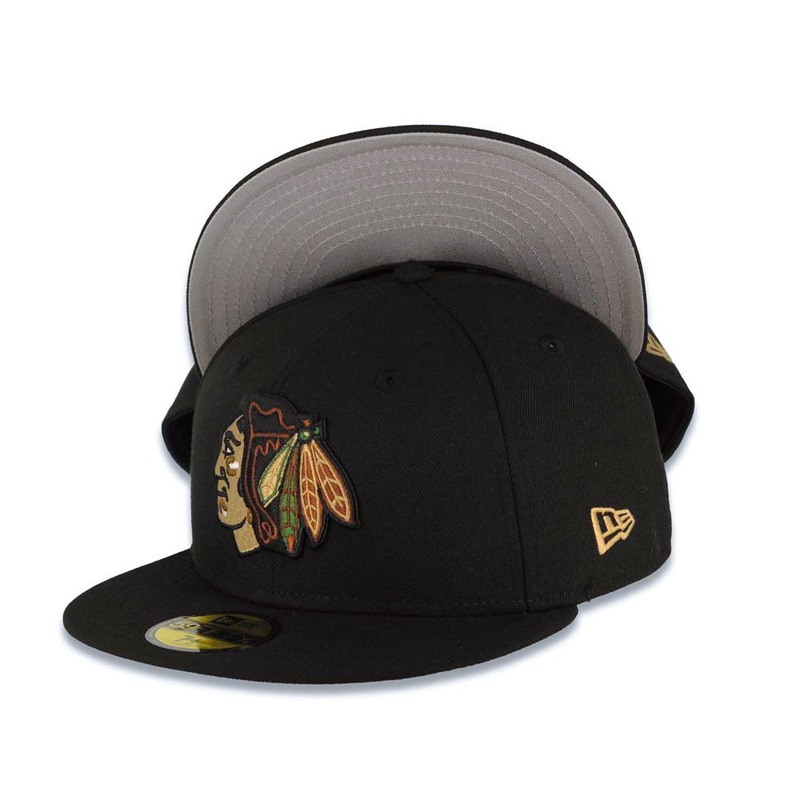 Chicago Blackhawks New Era NHL 59FIFTY 5950 Fitted Cap Hat Black Crown/Visor Khaki/Black/Green Logo Gray UV