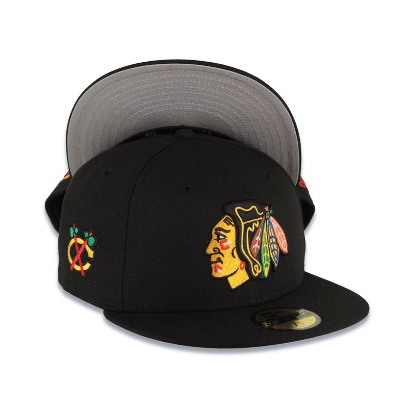 Chicago Blackhawks New Era NHL 59FIFTY 5950 Fitted Cap Hat Black Crown/Visor Team Color Logo Axe Side Patch Gray UV