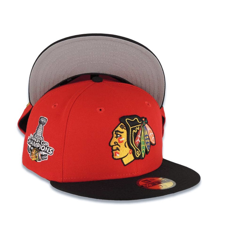 Chicago Blackhawks New Era NHL 59FIFTY 5950 Fitted Cap Hat Red Crown Black Visor Team Color Logo 2015 Stanley Cup Champions Side Patch Gray UV