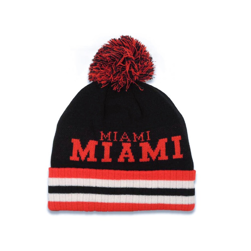 Miami Cuffed Pom CH Stripe Red/Black/White Crown/Visor Team Color Logo