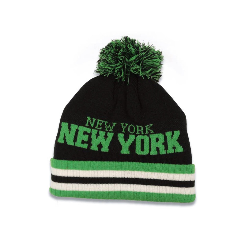 New York Cuffed Pom CH Stripe Beanie/Knit Black/Green/White Crown/Visor Team Color Logo