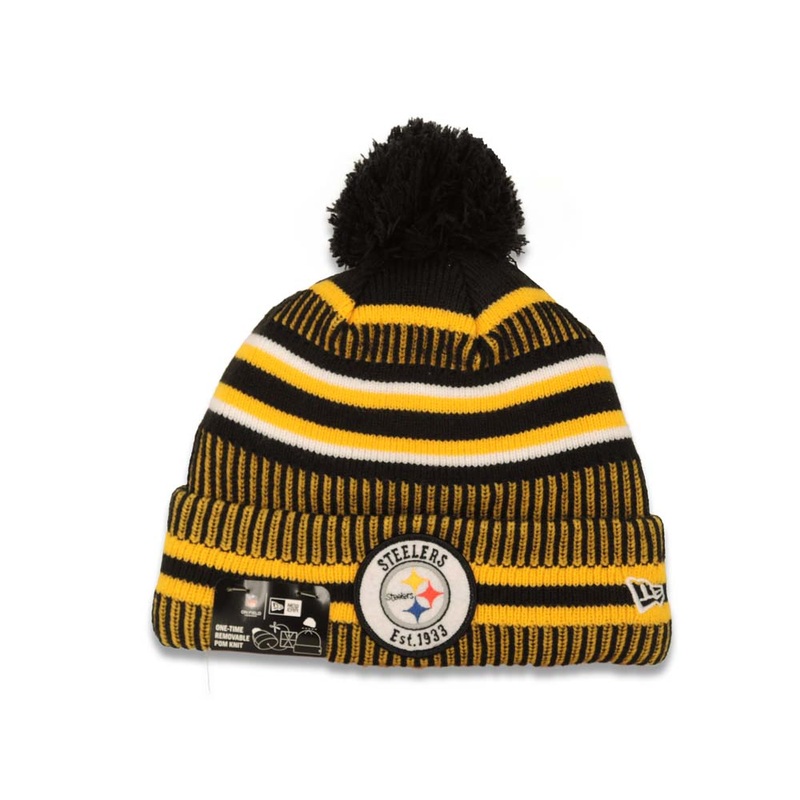 Pittsburgh Steelers New Era NFL Cuffed 2019 Sideline Beanie/Knit Pom Yellow/White/Black Crown/Visor Team Color Logo