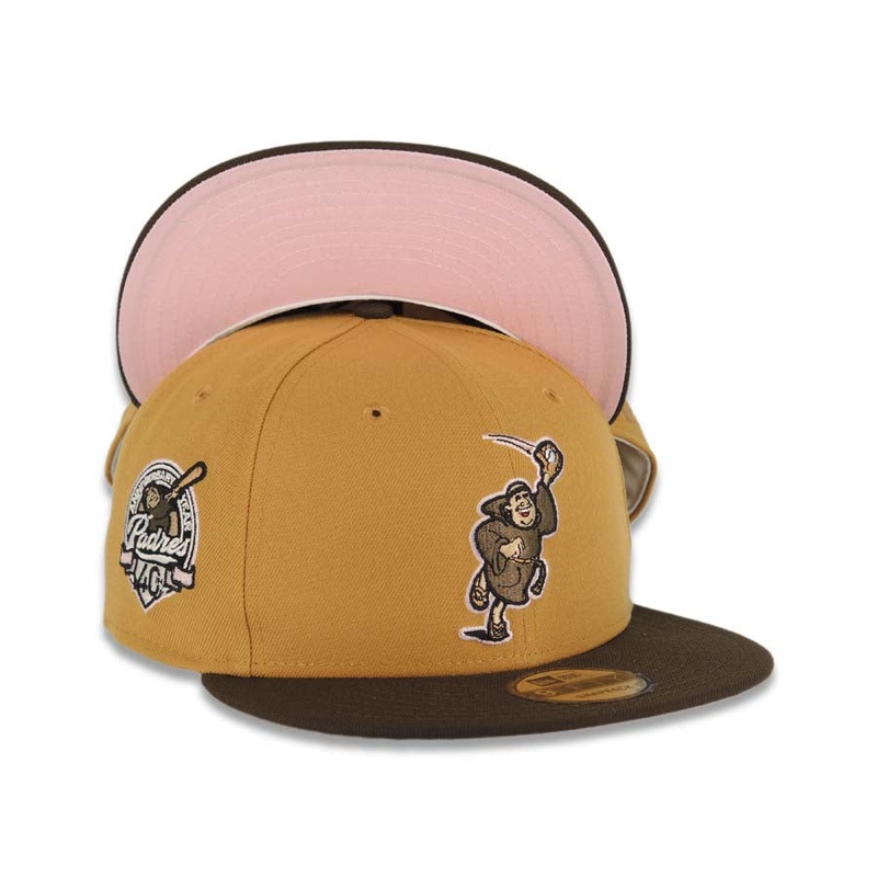 San Diego Padres New Era MLB 9FIFTY 950 Snapback Cap Hat Tan Crown Brown Visor Brown Catching Friar Logo 40th Anniversary Side Patch Pink UV