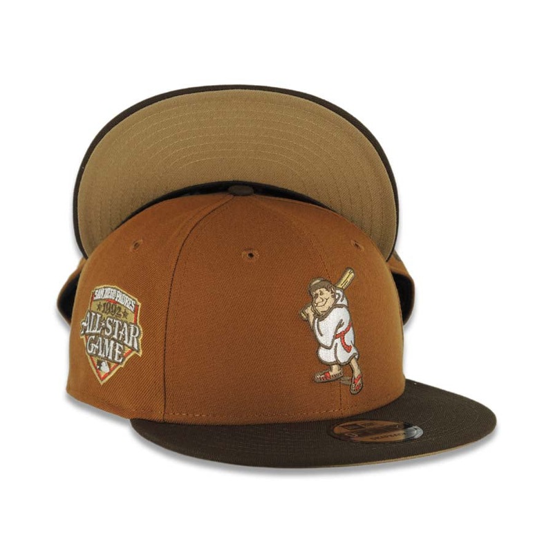 San Diego Padres New Era MLB 9FIFTY 950 Snapback Cap Hat Tan Crown Brown Visor Cream/Brown Batting Friar Logo 1992 All-Star Game Side Patch Khaki UV