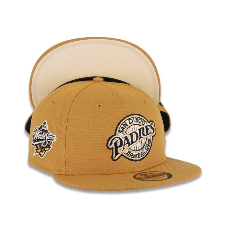 San Diego Padres New Era MLB 9FIFTY 950 Snapback Cap Hat Tan Crown/Visor Black/Metallic Gold Baseball Club Logo 1998 World Series Side Patch Cream UV