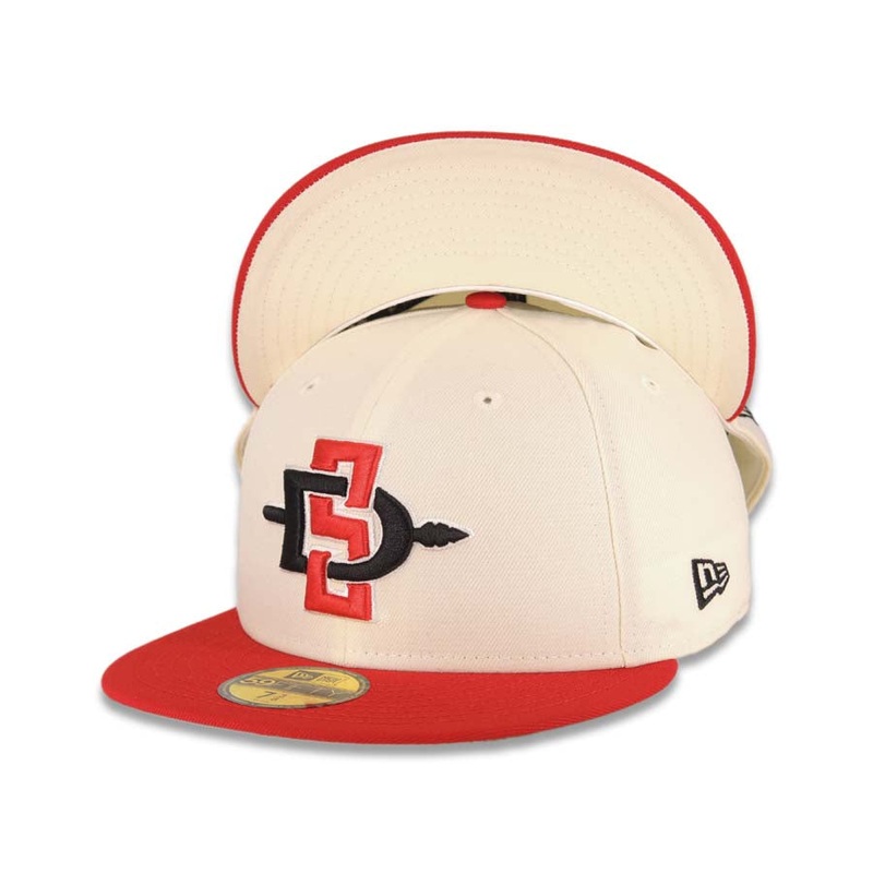 San Diego State Aztecs New Era NCAA 59FIFTY 5950 Fitted Cap Hat Cream Crown Red Visor Black/Red Logo Cream UV