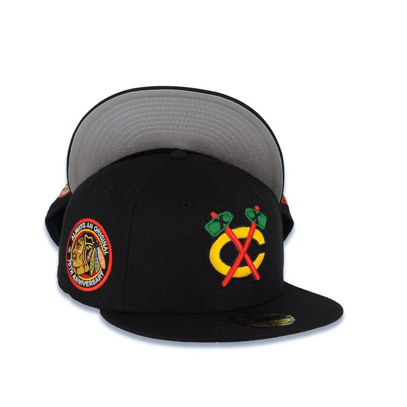 Chicago Blackhawks New Era NHL 59FIFTY 5950 Fitted Cap Hat Black Crown/Visor Team Color Axe Logo 75th Anniversary Side Patch Gray UV