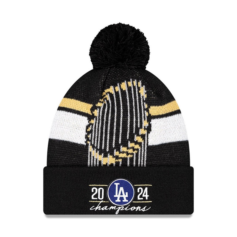 Los Angeles Dodgers New Era MLB Cuffed Pom Knit Hat Black/White/Gold Crown/Visor Team Color Logo 2024 World Series Champions