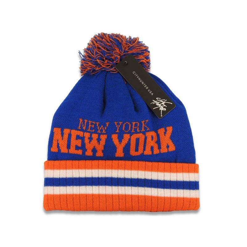 New York Royal Stripe Pom Beanie/Knit Blue/Orange Crown/Visor Team Color Logo
