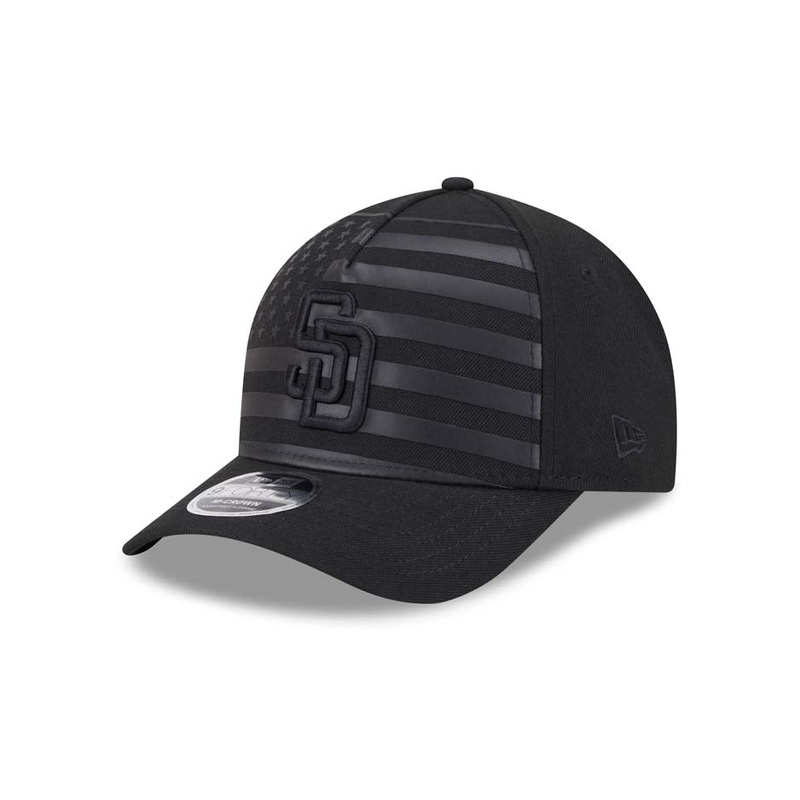 San Diego Padres New Era MLB 9FORTY 940 Adjustable A-Frame Cap Hat Black American Flag Crown/Visor Black Logo