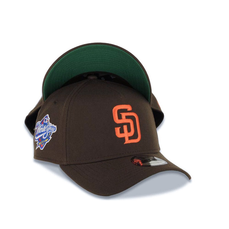San Diego Padres New Era MLB 9FORTY 940 Adjustable A-Frame Cap Hat Brown Crown/Visor Orange Logo 1998 World Series Side Patch Green UV