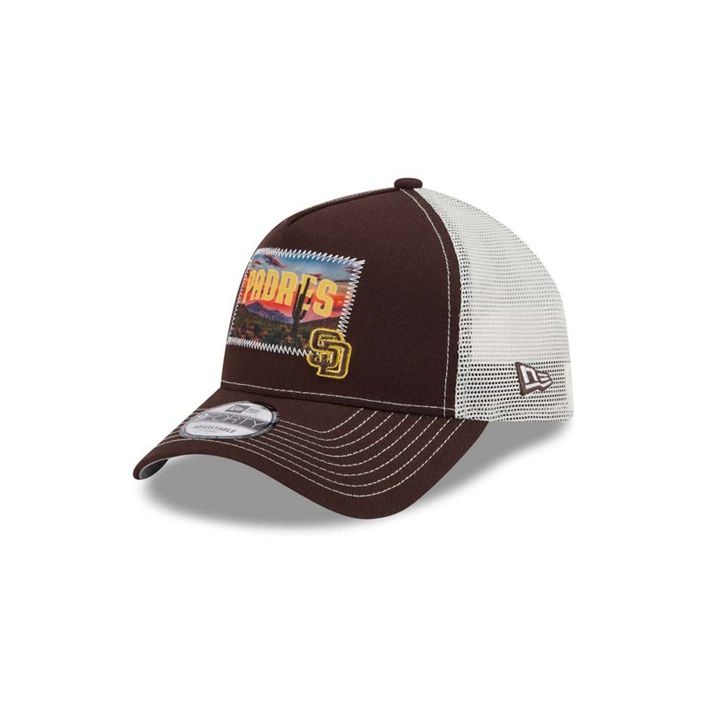 San Diego Padres New Era MLB 9FORTY 940 Adjustable A-Frame Mesh Trucker Cap Hat Brown Crown/Visor Yellow/Brown Patch with Small Logo