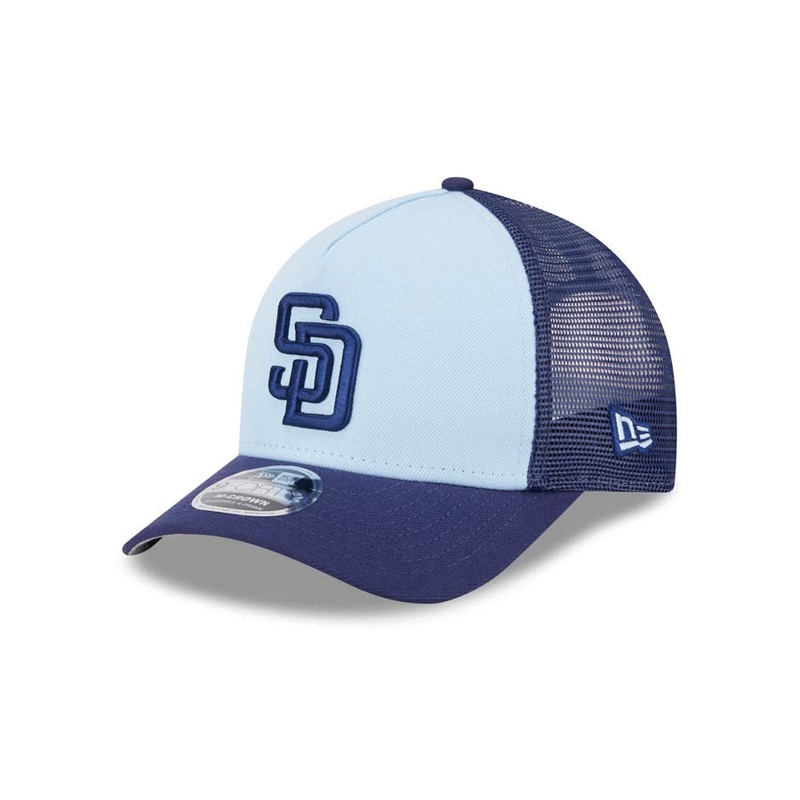 San Diego Padres New Era MLB 9FORTY 940 Adjustable A-Frame Trucker Mesh Cap Hat White/Navy Crown Navy Blue Visor Navy Blue Logo (Color Pack)