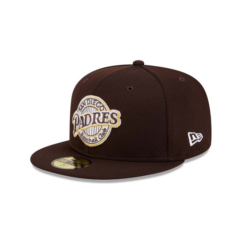 (Youth) San Diego Padres New Era MLB 59FIFTY 5950 Kid Fitted Cap Hat Brown Crown/Visor Brown/Yellow Baseball Club Logo (2025 Clubhouse)