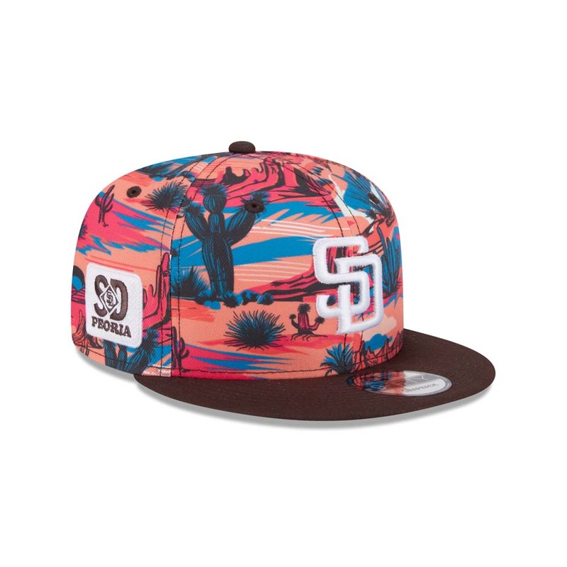(Youth) San Diego Padres New Era MLB 9FIFTY 950 Kid Spring Training Snapback Cap Hat Orange/Blue Crown Brown Visor White Logo Peoria Side Patch