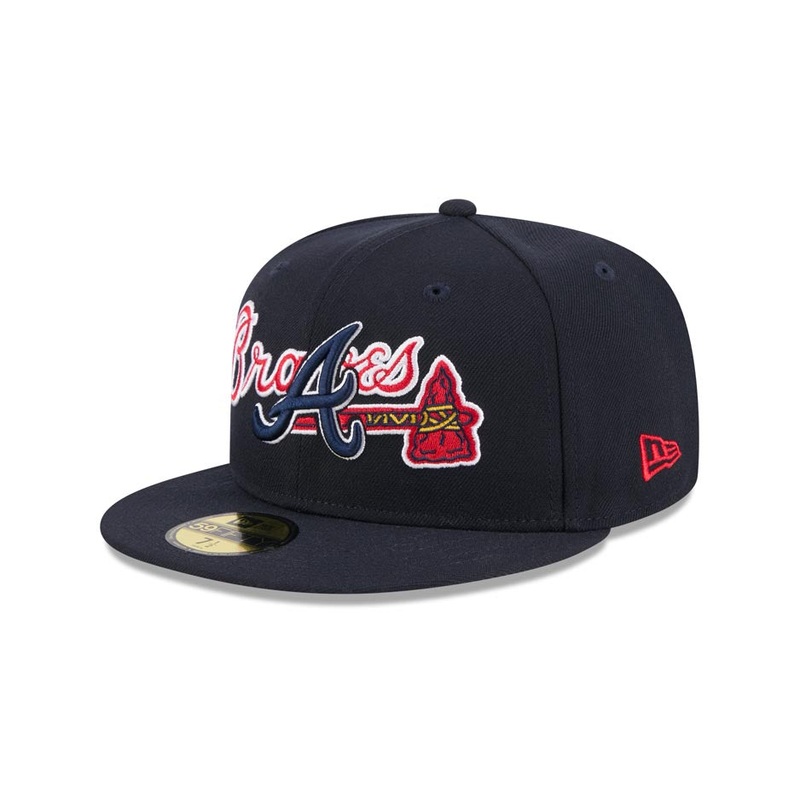 Atlanta Braves New Era MLB 59FIFTY 5950 Fitted Cap Hat Navy Blue Crown/Visor Navy/Red Overlap Logo