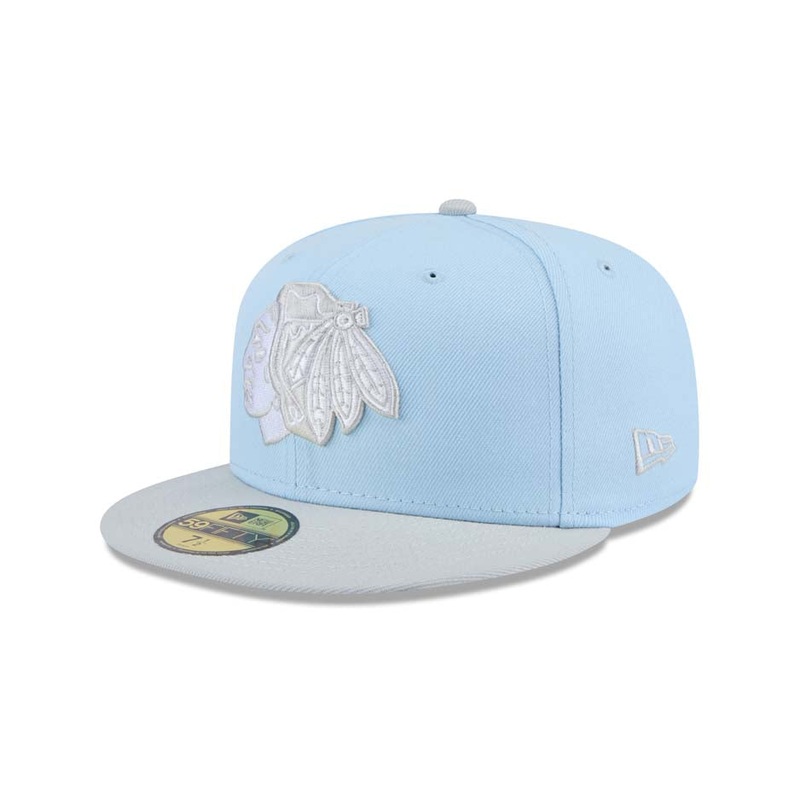 Chicago Blackhawks New Era NHL 59FIFTY 5950 Fitted Cap Hat Light Blue Crown Dark Gray Visor Dark Gray/Gray Logo (2-Tone Color Pack)