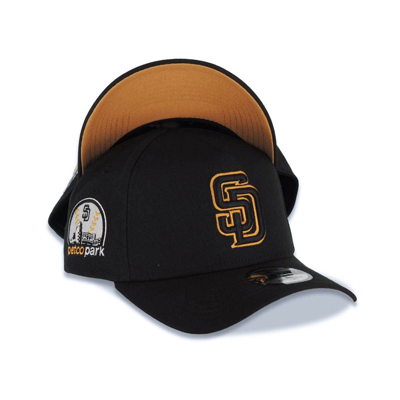 San Diego Padres New Era MLB 9FORTY 940 Adjustable A-Frame Cap Hat Black Crown/Visor Black/Tan Logo Petco Park Side Patch Tan UV