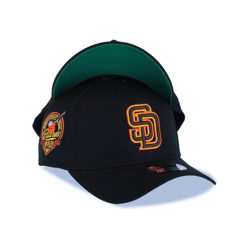 San Diego Padres New Era MLB 9FORTY 940 Adjustable A-Frame Cap Hat Black Crown/Visor Brown/Yellow/Orange Logo 40th Anniversary Side Patch Green UV