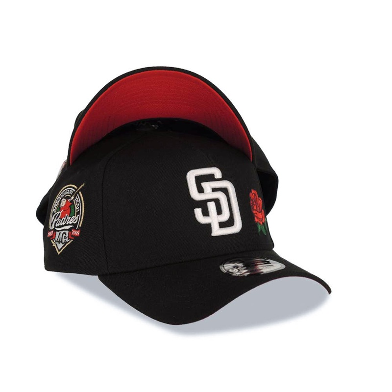 San Diego Padres New Era MLB 9FORTY 940 Adjustable A-Frame Cap Hat Black Crown/Visor White Logo With Rose 40th Anniversary Side Patch Red UV