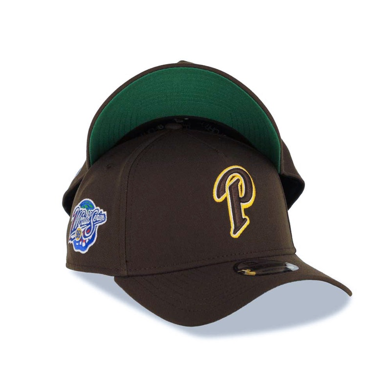 San Diego Padres New Era MLB 9FORTY 940 Adjustable A-Frame Cap Hat Brown Crown/Visor Brown/White/Yellow P Logo 1998 World Series Side Patch