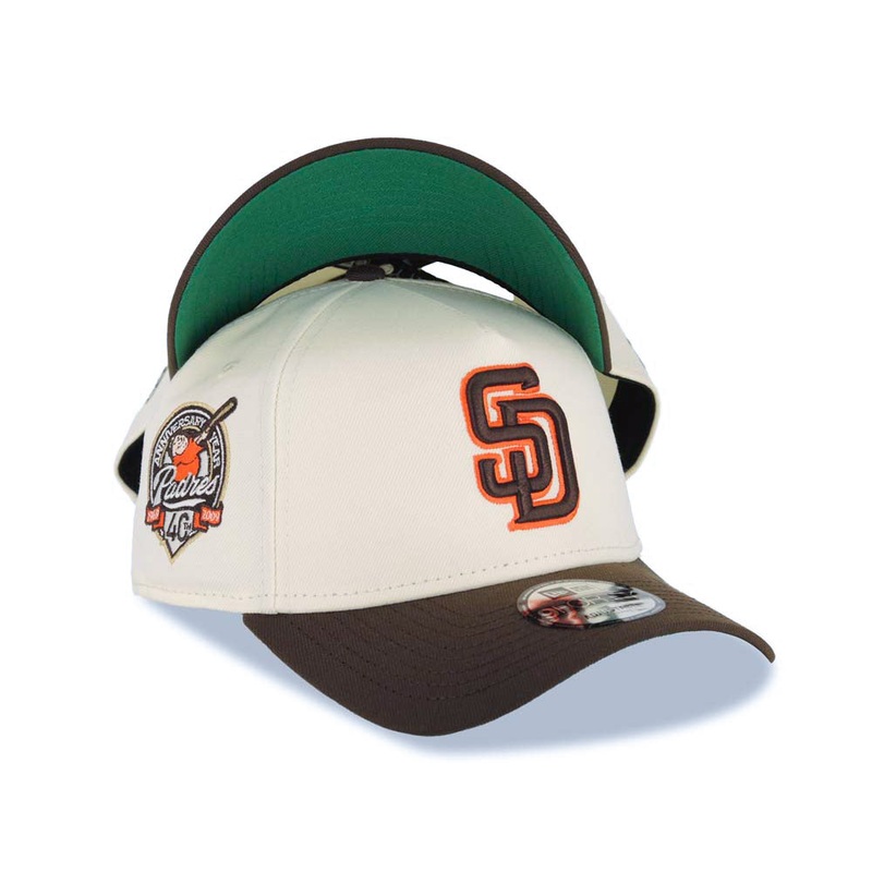 San Diego Padres New Era MLB 9FORTY 940 Adjustable A-Frame Cap Hat Cream Crown Brown Visor Brown/Orange Logo 40th Anniversary Side Patch Green UV