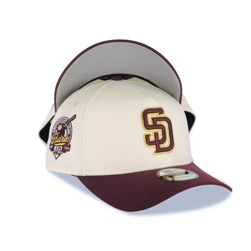 San Diego Padres New Era MLB 9FORTY 940 Adjustable A-Frame Cap Hat Cream Crown Maroon Visor Maroon/Metallic Gold Logo 40th Anniversary Side Patch