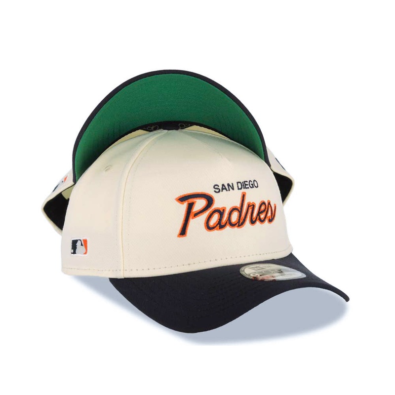 San Diego Padres New Era MLB 9FORTY 940 Adjustable A-Frame Cap Hat Cream Crown Navy Blue Visor Navy Blue/Orange Script/Text Logo Green UV