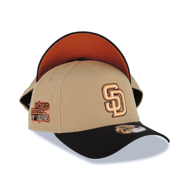 San Diego Padres New Era MLB 9FORTY 940 Adjustable A-Frame Cap Hat Khaki Crown Black Visor Peach/Metallic Brown/Black Logo 1984 World Series Patch